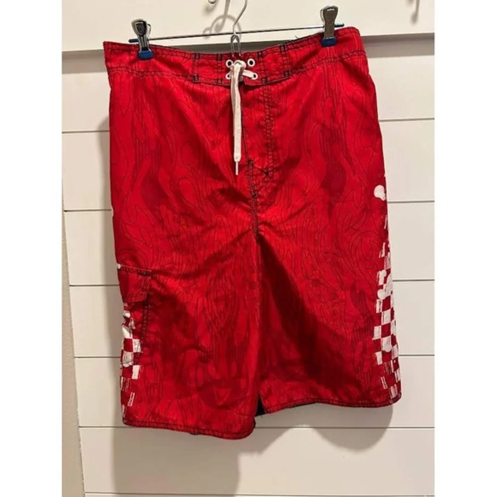 Joe Boxer Boys Swim Trunks Red Black Flames Checkered Board Shorts Size 16H‎ Y2K